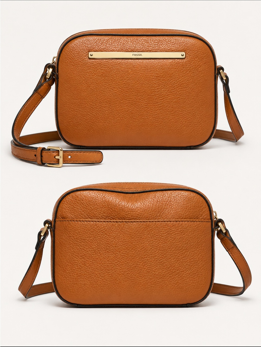 Fossil Liza Crossbody Bag Brown Pebbled Leather Camera Bag Brass Hardware